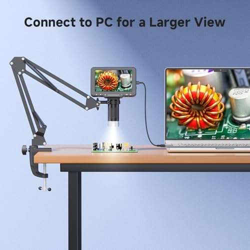 Image of 5 inch LCD Digital Soldering Microscope with Flexible Stand, 1000X Magnification for Electronics Repair & Coins, 1080P PC View, 8 LEDs (Micro SD Card Not Included)