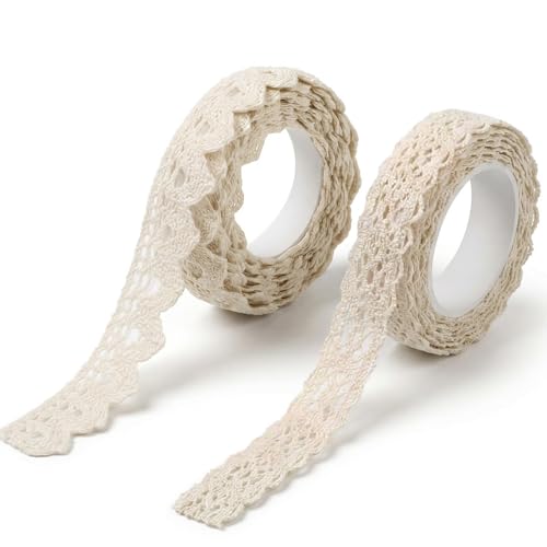 Bruislard 2 Rolls Lace Washi Tape Self-Adhesive Lace Ribbon 0.6" Wide 2 Yards Cotton Trim Stickers Decorative Masking Tape for Crafts Scrapbook(Beige)