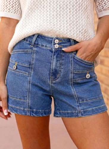 Image of Astylish Women's High Waisted Stretchy Jean Shorts Trendy Denim Shorts