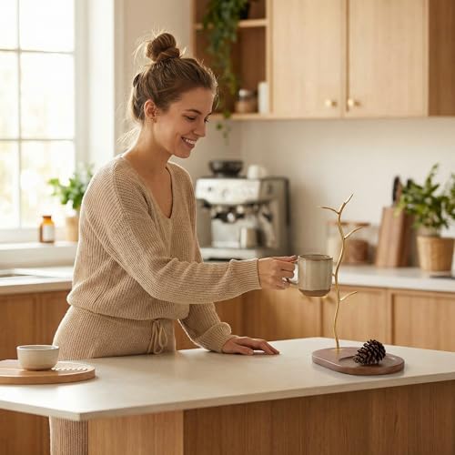 ZOESEEK Gold Coffee Mug Tree with Wooden Base, 5-Hook Coffee Mug Stand for Kitchen Counter, Elegant Metal Mug Tree for Counter, Mug Holder for Coffee Mugs, Tea Cups, Home Decor & Housewarming Gift — view 6