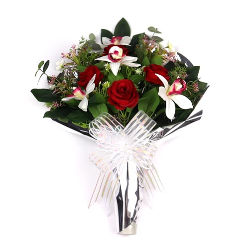 Buquê de flores artificiais - composição de rosas e orquídeas brancas com revestimento prateado ou vermelho - medidas 40 × 60 cm - resistente e durável - ideal para todos os santos (envoltório