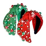 2 Pcs Christmas Headbands for Women Pearl Rhinestone Knot Headband Xmas Crystal Jeweled Hair Band Bow Wide Top Knotted Headband Christmas Hair Accessories Holiday Party Outfits(Pearl Rhinestone)