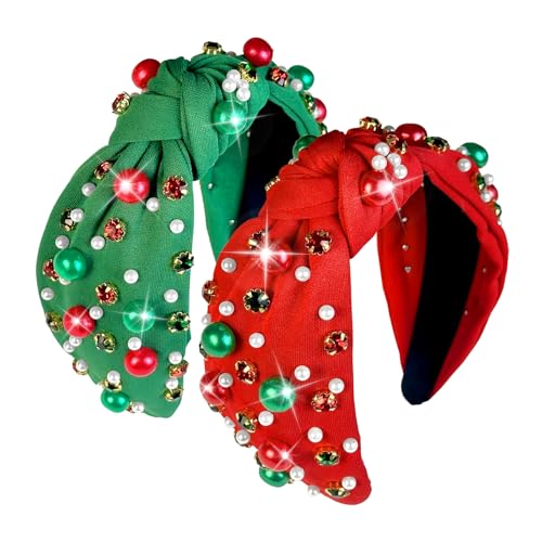 2 Pcs Christmas Headbands for Women Pearl Rhinestone Knot Headband Xmas Crystal Jeweled Hair Band Bow Wide Top Knotted Headband Christmas Hair Accessories Holiday Party Outfits(Pearl Rhinestone)