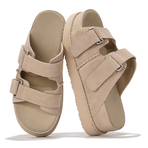 Project Cloud Genuine Leather Platform Womens Sandals - Double-Strap Non-Slip Platform Sandals Women with Memory Foam Insole - Chunky Heeled Women Footwear (Silverstar)