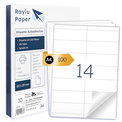 Raylu Paper® - Etiquetas Autoadhesivas A4 Blanco para Imprimir | 100 Hojas de Papel Adhesivo, Compatibles con Impresora Inkjet, Láser y Fotocopiadora | 14 Pegatinas Adhesivas (99,1 x 38,1 mm)