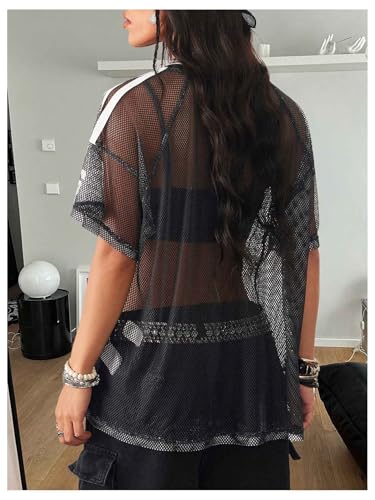 Women's Y2K Jersey Shirts Striped Sheer Mesh Crop Top See Through V Neck Short Sleeve Sports Tees Streetwear2