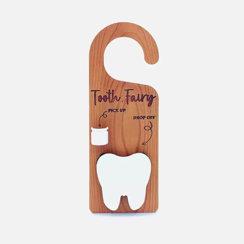2-in-1 Design Tooth Fairy Tooth Holder Door Hanger with Money SlotIncluding Fairy Coins Wooden Encourage Gift for Kids Children Boys Girls