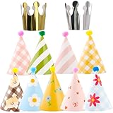 Olen Party Hats for Kids Birthday, 11 Pack Birthday Hats with Pom Poms, Paper Cone Caps for Stuffed Animals, Party Crown Caps Set, Small Celebration Accessories for Girls Boys Toddlers