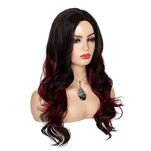 Sallcks Brown Red Wig For Women Long Curly Wavy Wig With Highlights Layered Silky Middle Part 2 Tone Synthetic Cosplay Costume Wigs #TOP4