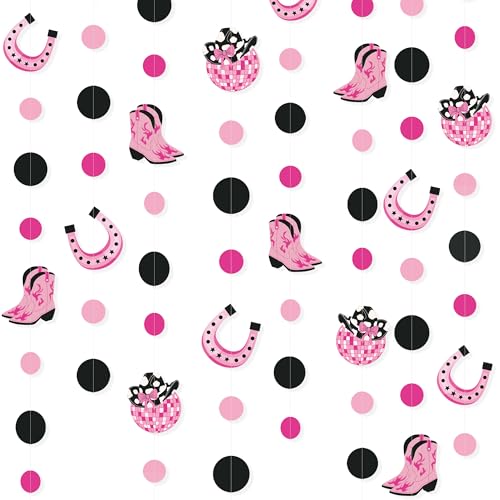 Image of Western Cowgirl Party Decorations Hot Pink Black Circle Dot Garland Streamer for Last Disco Let's Go Girls Retro Horse Rodeo Theme Bachelorette Birthday Engagement Hen Party Decorations Supplies