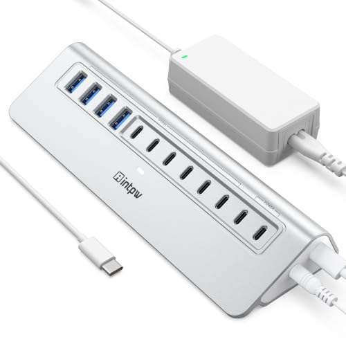 Image of Powered USB Hub 10Gbps, intpw 12-Port USB 3.2 /USB C Hub (4 x USB-A 3.2 + 6 x USB-C 3.2 10Gbps +2 x PD 45W Fast Charging Ports), 3Ft Cable, Aluminum USB Hub for PC /Laptop /iPhone 17 /16 /MacBook Neo
