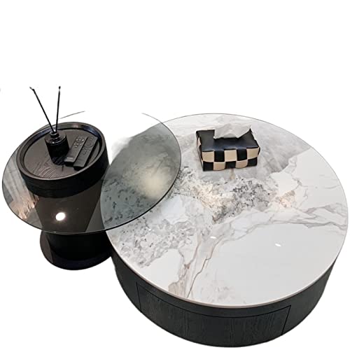 TABKER Mesa Combinación Redonda de Borde Grande y pequeño de Mesa de té de Placa de Roca Simple Vidrio Templado marrón Gris