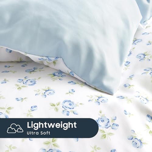 Image of Wake In Cloud - Floral Comforter Set, Coquette Cottagecore Aesthetic Flower Shabby Chic Pattern for Women Teen Girls, Soft Lightweight Bedding, 3 Pieces, White Blue, Twin /Twin XL Size