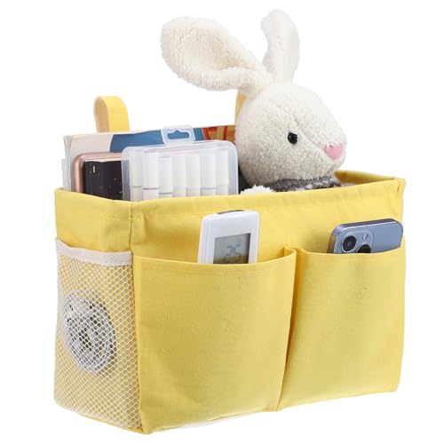 IGNPION Canvas Bedside Hanging Storage Bed Pockets Baskets-Adjustable Hanging Tape Dormitory Bed Organiser Caddy Mulit-purpose Hanging Storage Bag for Home Office School Dorm Hospital, Yellow