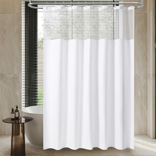 FY&XZH Cortina de Ducha Impermeable con Textura de Lino, Ventana de Malla Superior, 12 Ganchos Inoxidables, Borde con Peso, Tela Lavable para Baño(183x183 cm, Blanco)