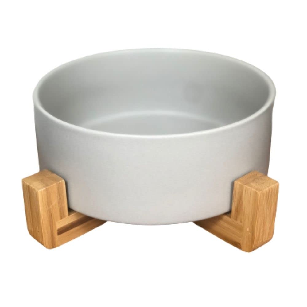 Large Ceramic Dog Bowl on Bamboo Stand