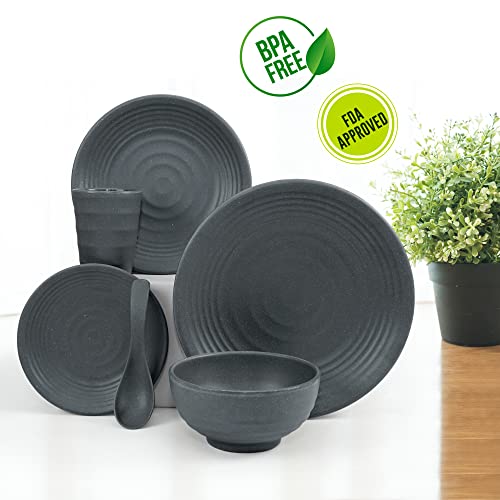 Tranquillo Dinnerware Set For 4 - Unbreakable Melamine 26-Piece Lightweight Plates, Dishes, Bowls Dishwasher Safe Tableware Set For Dining - Dark Grey #TOP1