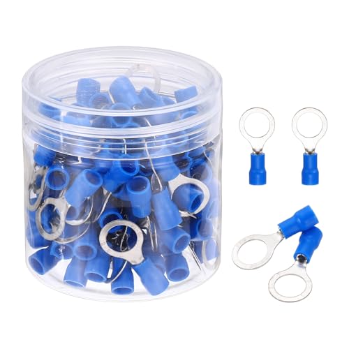 Image of sourcing map 100Pcs Insulated Ring Terminal RV2-8 Battery Lugs 16-14AWG Electrical Crimp Terminals Eyelet Wire Connectors for Industrial, Electrical Wiring, Blue