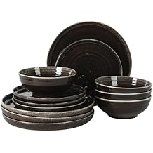 Gibson Elite Eclipse Swirls Plates and Bowls Sets, 12-Piece Stoneware Dinnerware Sets, Reactive Glaze Dish Set - Black