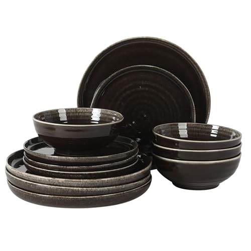 Image of Gibson Elite Eclipse Swirls Plates and Bowls Sets, 12-Piece Stoneware Dinnerware Sets, Reactive Glaze Dish Set - Black