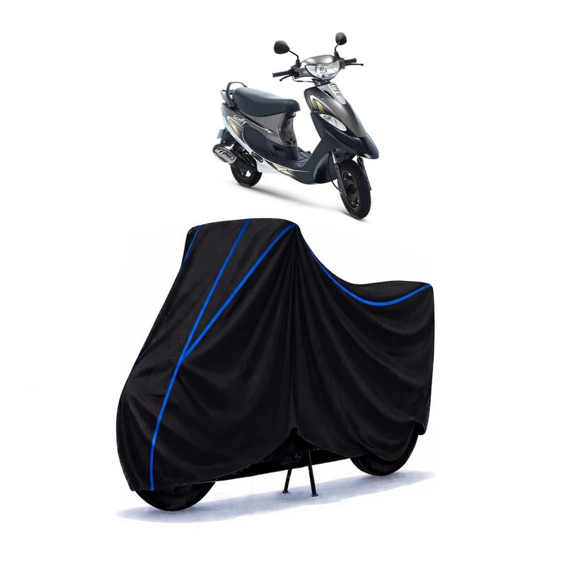 Image of Scooty Cover Water Resistant for Pep Plus Bs6 | Universal Scooter & Bike Cover | Heavy Duty UV Dust, Rain & Scratch Protection | Elastic Fit All Weather Indoor Outdoor | Black with Blue Piping