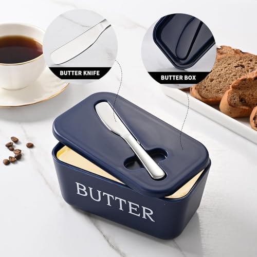 Image of Large Plastic Butter Dish with Lid and Knife, Food Grade PP Butter Holder Keeper with Cover for Kitchen Refrigerator Butter Container (Blue)