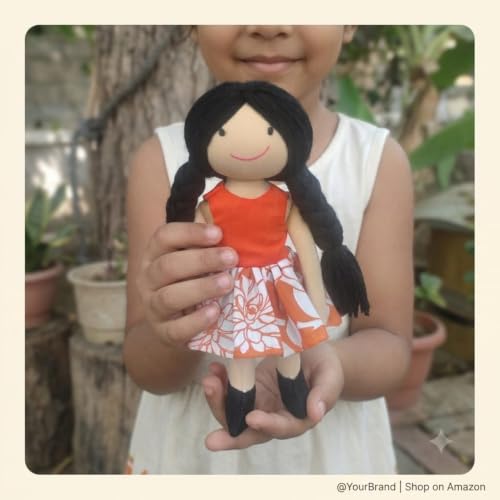 Image of Handcrafted Indian Rag Doll Set, Stitch Soft Toy Doll for Kids, Soft Cotton Fabric Yarn Cloth Doll, Traditional South Indian Soft Toys for Kids Room Decor (Orange, Floral)