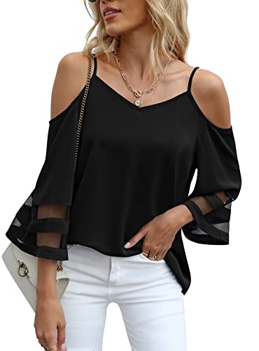 Jouica Womens Summer Cold Shoulder Tops Mesh Panel 3/4 Bell Sleeve Tees Adjustable Spaghetti Strap Loose Fit Shirts