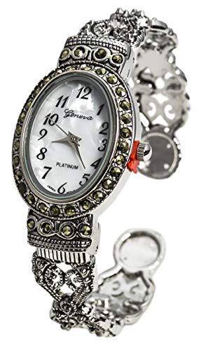 Blekon Collections Japanese Quartz Antique Designed Silver 24mm Marcasite Bangle Watch, Silver-Ovel