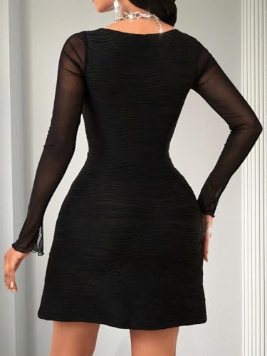 GothDark Women's Sexy Bodycon Dress Mesh Long Sleeve Square Neck Ruched Split Hem Club Party Mini Dresses2
