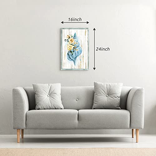 Beach Conch Shell Painting Picture: Framed Rustic Wooden Wall Art Coastal Sea Life Artwork Print Modern Living Room Bedroom Bathroom Wall Decoration For Home Office Decor 24"X16" #TOP5
