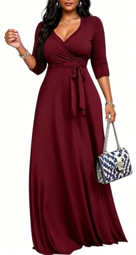 Image of CaniBtr Maxi Dresses for Women Plus Size 3 /4 Sleeve Long Dress with Belt