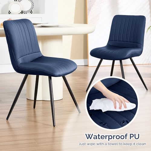 Image of Dining Chairs Set of 2, Modern Dining Chairs with Thick Cushions, Faux Leather Upholstered Kitchen Dining Room Chairs with Metal Legs for Dining Living Room (Navy Blue)