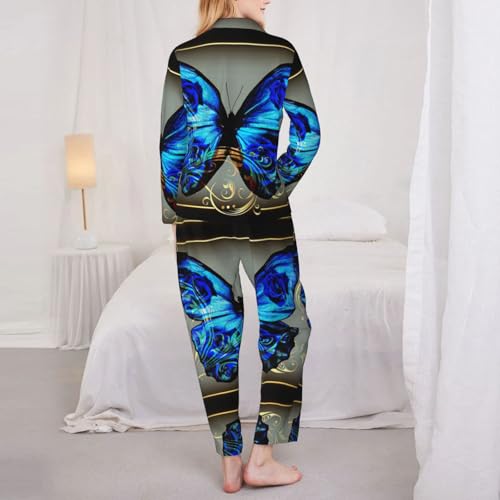 Pyjama imprimé papillon bleu EdWal ensemble manches longues femme