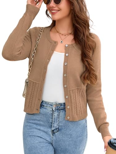 Yesfashion Women's Cropped Cardigan Sweaters Long Sleeve Crew Neck Twisted Button Down Shrug Sweater Spring Trendy 2026 Khaki L