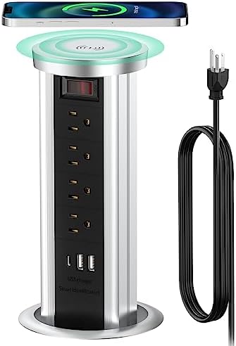 Pop Up Outlet for Countertop with PD 20W USB C, Recessed Countertop Outlet 4 AC Outlets 3 USB Ports and 10W Wireless Charger, Flush Mount Power Strip for Kitchen Island Office(Black)