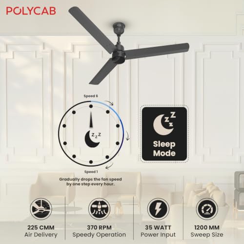 Image of Polycab Wizzy Plus 1200mm 5-Star BLDC, Remote Ceiling fan for Living Room| 55% Energy Saving, High Air Delivery | 3+1 yr Warranty【Matt Black】
