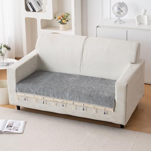 Image of HOKIPO 'Serenity Tassel' Chenille 2 Seater Sofa Cover with Tassel - Glacier Silver (IN-891-LGRY)