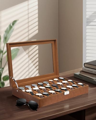 Image of Uten 24-Slot Watch Box, PU Leather Watch Case with Glass Lid, Watch Holder Organizer with Soft Pillow and Velvet Lining, Watch and Jewelry Storage Box, Brown