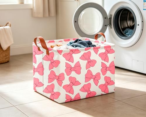 Image of CLOCOR Rectangular Gift Basket Empty,Waterproof Storage Basket with Handles,Books Box,Room Decor(Pink Bowknot)