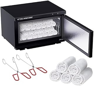 Houseables Hot Towel Warmer Cabinet, UV, 11” x 17”, 1 Cabbie, 2 Pairs of Tongs, 5 Towels, Black, White, Metal, Cotton, Steamer, Light, For Spa, Salon, Barber, Facial, Massage