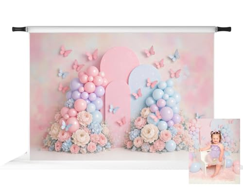 Kate Cake Smash Pastel Balloon Floral Butterfly Backdrop for Girls