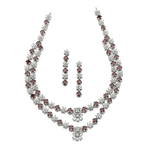 Image of ZENEME Rhodium-Plated American Diamond Studded Star Shaped Layered Necklace With Earrings Jewellery Set For Girls and Women
