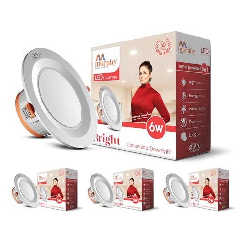 Murphy 6W Bright LED Downlight – Natural White, Slim Round Recessed Ceiling Light, 3-Inch Junction Box Compatible, Anti-Glare Diffuser, Energy Efficient (Pack of 4, 2-Year Warranty)