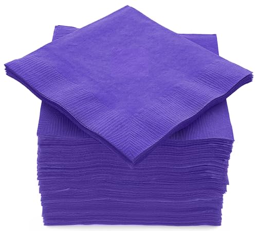 100 Pack Purple Beverage Napkins Big Party Pack 2 Ply Ideal for Wedding Party Birthday Dinner Lunch Cocktails. (5 x 5) by Amcrate