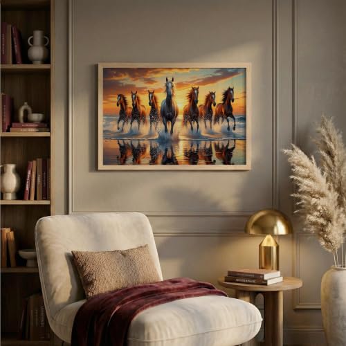 Image of Suneree 7 Horse Vastu Wall Painting (Landscape Collection) (Natural, Design 06, 13x19 Inch)