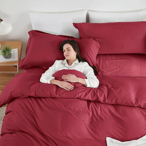Image of Hearth & Harbor Burgundy Red Duvet Cover with Fitted Sheet King Size | 4 Piece Soft Double Brushed Bedding Set, Button Closure, 1 Duvet Cover 104x90 Inches, 1 Fitted Sheet, 2 Pillow Shams