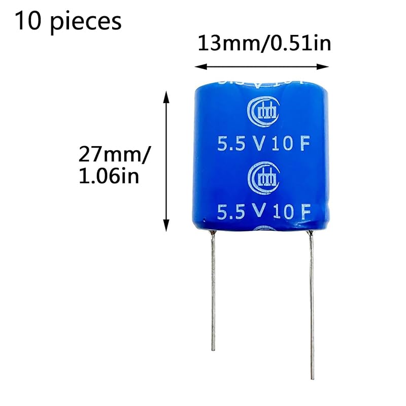 10 Pieces 13x26x27 mm(0.51x1.02x1.06 inch) Supercapacitor 5.5V 10F Dual Layer Capacitor Wirewound Energy Storage Suitable for Car Recorder, Toys, etc.