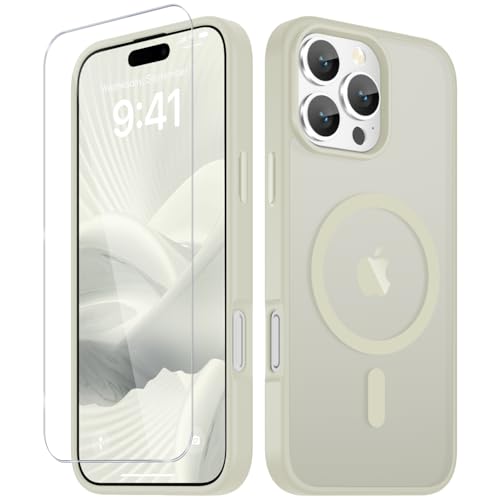 Image of YENAPOON for iPhone 16 Pro Max Case, Matte Magnetic Phone Cover [with 1 Screen Protector] [Support for MagSafe] [Shockproof Military Grade Protection] Translucent Frosted Back, Cream White