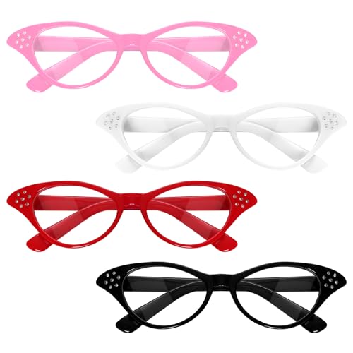 Fumwase 4PCS Cat Eye Glasses with Rhinestones 50s 60s Party Costume Glasses Old Lady Glasses for Halloween Cossplay Hip Hop Dress up (4